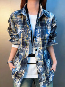 Blue American Tie-Dye Plaid Shirt Mens Spring and Autumn Vintage Couple Outerwear