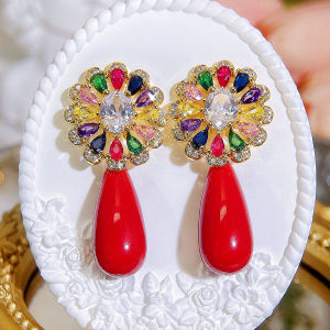 Sequito khí phụ nữ trang trí tai Pave thiết lập đầy màu sắc aaaaa đá Cubic Zirconia hoa giọt nước bông tai thả dài trang sức tiệc tối se979