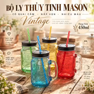 Ly Thủy Tinh Mason Vintage 450ml Có Quai Cầm Nắp Vặn Kim Loại Nhiều Màu
