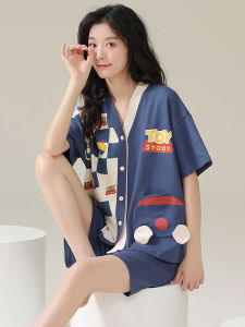 Pure Cotton Summer Lightweight Short Sleeve Sleepwear Set for Women Comfortable Home Clothes Blue Cartoon Print V-Neck Button Front