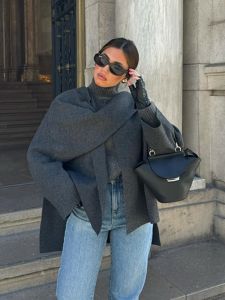 ฤดูใบไม้ร่วงฤดูหนาวใหม่หญิง Cape แขนยาวถักเสื้อแฟชั่นผ้าพันคอผู้หญิงอบอุ่นสั้นเสื้อ Elegant Streetwear