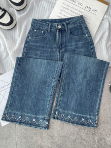 High Waist Straight Leg Embroidered Denim Jeans Womens Autumn 2025 New Slim Fit Wide Leg Pants Cotton Stretch Denim