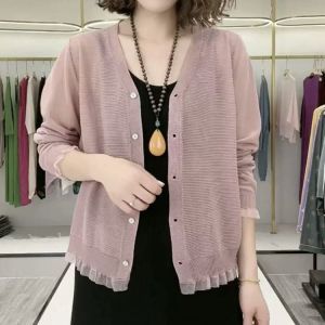 Hollow and Breathable Sweater Knitted Cardigan Womens Air Conditioning Shirt Thin Ice Silk Sweater Top