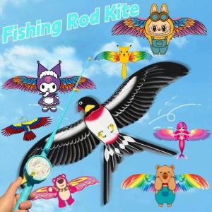 Kid Cartoon Eagle Bird Kite Toys Outdoor Kite with String Fishing Rod Handheld Dynamic Toy