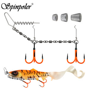 Spinpoler Rolling Swivels Spiral Stinger Rig Fishing Kit 2X UV Treble Hooks With Sinker Weight For Soft Lure Swimbait Pike Bass