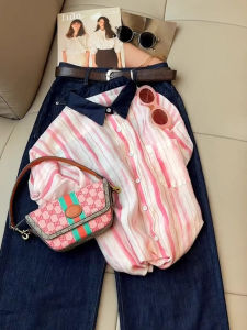 Shalldoer | Fashionable Youthful Summer Set Pink Stripe Short Sleeve Shirt Straight Leg Jeans 2 Pieces