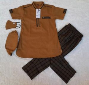 Setelan Pakaian Muslim Baju Koko Kurta Anak Laki-Laki Celana Motif Kotak Free Masker Lengan Pendek