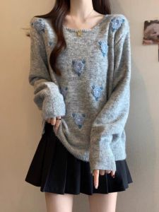 WANGGONGZHU | Womens Plus Size Knitted Base Shirt Round Neck 3D Flower Design Slimming Korean Style Top For Autumn Winter Fashion Commute