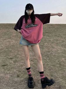 Pink Shoulder Sleeve T-Shirt Women Summer Loose Mid-Length American Letter Print Slimming Top Korean Style round Neck Short Sleeve