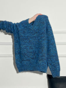 Áo Len Dệt Kim Dày Màu Xanh Cổ Chữ V La Chapelle Áo Sơ Mi Cơ Bản Dài Tay Áo Khoác Ngoài Áo Nữ Thu Đông Áo Len Cổ Chữ V