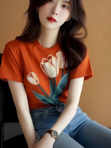 Orange Tulip Print Short Sleeve T-Shirt Womens Fashion Spring Summer Unique Top Casual Slim Fit round Neck Regular Length