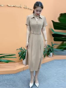 Elegant French Style Womens Dress Summer New High Waist Draped Polo Collar Slim Fit Midi Skirt Polyester Short Sleeve A-Line Dress