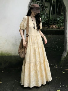 QINWEIYU | Đầm A-Line Cinching eo Phong cách Pháp Màu Vàng