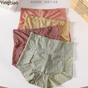 Yingbao กางเกงในเอวสูงลูกไม้กลวงกางเกงในสตรีโปร่งใสบางนิ่มกางเกงในสตรีขนาดพิเศษ