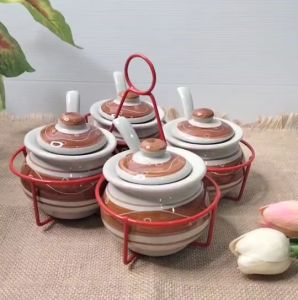 พวง กระปุก เครื่องปรุง โถเซรามิค เซรามิก มีฝาปิด แถม ช้อน ลายเถาวัลย์ เฉพาะโถ