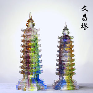 LiuLi WenChang Tower FengShui Decorative Piece Creative Chinese Style Building Shape Gift for Opening Business Home Living Room Office