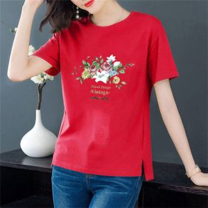 Pure Cotton Short Sleeve T-Shirt Womens Red Overhead round Neck Printed Loose Fit Base Shirt Summer 2024 Fashion Casual Top