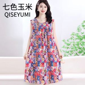 Lightweight Artificial Cotton Sleeveless Midi Dress Summer Sleepwear for Women Comfortable Breathable round Neckline Loose Fit