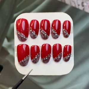 Red Handmade Wearable Nail Tips Bridal Nail Art Detachable Reusable Glitter Fake Nails Nail Patches Shiny Nail Decorations