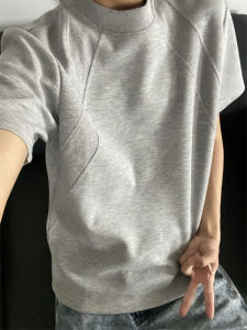 Light Grey Boxy Fit Space Cotton Short Sleeve American Style T-Shirt Shoulder Air Layer Splice Half Sleeve for Men Summer Fashion