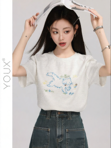 YOUXIANG | Áo Thun Nữ Thời Trang Cổ Tròn Tay Ngắn Thêu Mèo