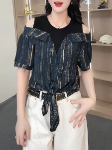 QINGNAER | Plus Size Off Shoulder Two-in-One Design Shirt