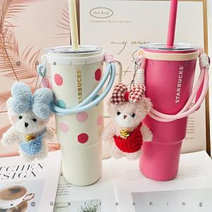 Portable Stanley Water Cup Bear Straw Bag Handheld Lanyard Cute Butterfly Knot Small Bear Straw Cup Holder Carabiner
