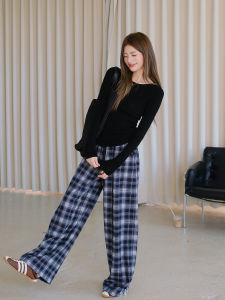 MIUCO Loose Bf Lazy Style Plaid Wide Leg Pants Elastic Waist Loose Feel Dragging Long Casual Straight Leg High Waist Trousers