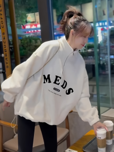 Korean Style Loose Fit Fleece Lined Thickened Hoodie Womens Autumn Winter Stand Collar Half Zipper Letter Print Casual Top