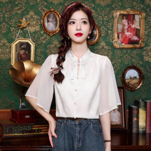 New Chinese Style Short Sleeve Shirt Womens Summer Elegance Chiffon Blouse Matching Horse Tail Skirt Vintage Loose Fit