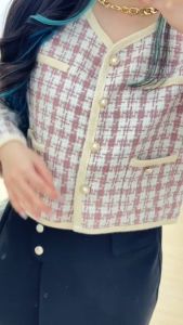 6229 Kayla Button Plaid Tweed Top Blouse | Korean Tweed Blouse Wanita