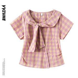 French Sweet Plaid Doll Collar Tie Short Sleeve Shirt Women Slimming Pleated Anti-Aging Outerwear Design Top Autumn