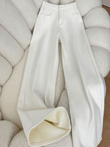 QIANCHANGNAAI | Pears-Shaped Loving White Fluffy Wide Leg Denim Pants