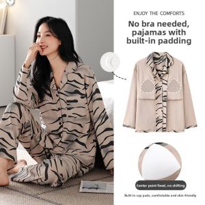 Miiow | Loose Long Sleeve Womens Sleepwear Set With Chest Pad Autumn Winter Home Clothes Cotton Polyester Blend Comfortable Lightweight