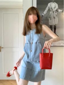 Váy Ngắn Chữ a Cotton Dáng Rộng Mùa Hè Cho Nữ Váy Denim Phong Cách Pháp Không Tay Cạp Cao Cổ Tròn Váy Công Sở Đơn Giản