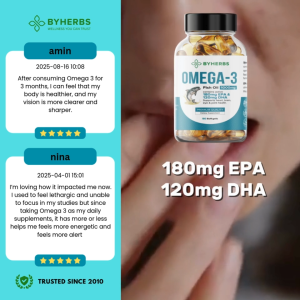 Byherbs Omega-3 Fish Oil 1000mg | Heart Brain & Joint Support | 90 Softgels