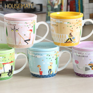 Japanese Style Ceramic Heat Resistant Milk Cup with Lid And Handle for Office Afternoon Tea Set of Cups Housemate Brand