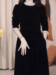 Hebe Style Slimming High End European Cotton Velvet Dress Spring New Women Fashion Thickened Elegant Evening Gown Skirt