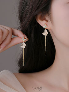 925 Silver Needle Long Butterfly Tassel Earrings Fashion Fairy Tale Vacation Style Jewelry round Face Slimming Summer Ear Decor