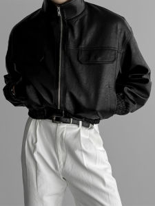 DAVID&ME | Cotton Padded Short Leather Jacket Mens Black Stylish Fashion Autumn Spring