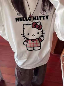 Sweet HelloKitty Cat Long Sleeve T-Shirt Womens Loose Fit Versatile Cotton Top for Autumn Youthful Printed Base Shirt