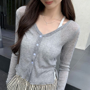 Korean High-End Snowflake Linen Long Sleeve Womens Early Autumn Thin Outerwear Design Short Button Cardigan Top