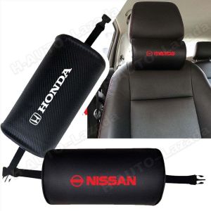 Car Headrest Pillow For Proton Perodua Toyota Honda Mazda Mitsubishi Nissan Volkswagen Suzuki BMW MG Comfortable Neck Pillow Carbon Fiber Neck Support Rest Pillow Leather Seat Cushion Emblem Logo Car Accessories Interior