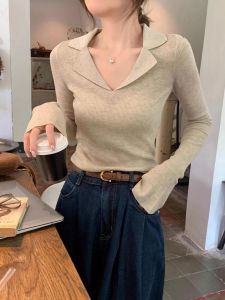 Fashionable Korean Style Polo Neck Long Sleeve Knitted Slim Fit Base Shirt Womens Trendy Top Casual Soft Breathable