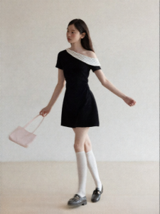 Cantonstory | French Style Polka Dot Shoulder Asymmetrical A-Line Dress