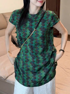 Shalldoer | New Chinese Style Short Sleeve T-Shirt Womens Mid-Length Slit Design Button-Up Top Summer Fashionable QiangDou Brand Round Neck