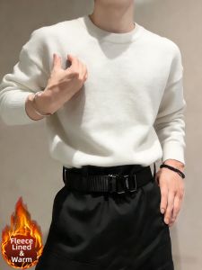 Stylish Husband-look Warm White Low-neck Fleece Sweater