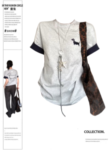 เสื้อยืดแขนสั้นทรงหลวมสไตล์อเมริกันย้อนยุคสำหรับผู้หญิงไซส์ใหญ่ในช่วงฤดูร้อนปี 2025 ที่มีสไตล์และสวมใส่สบาย