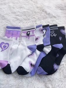 Kaos Kaki Katun Wanita Warna Ungu Motif Hip Hop Casual Middle Tube Socks JCKK270