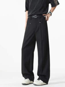 Black Mens Summer Thin Hanging Sensation College Style Loose Fit Casual Long Pants Straight Leg Polyester Fiber Long Trousers